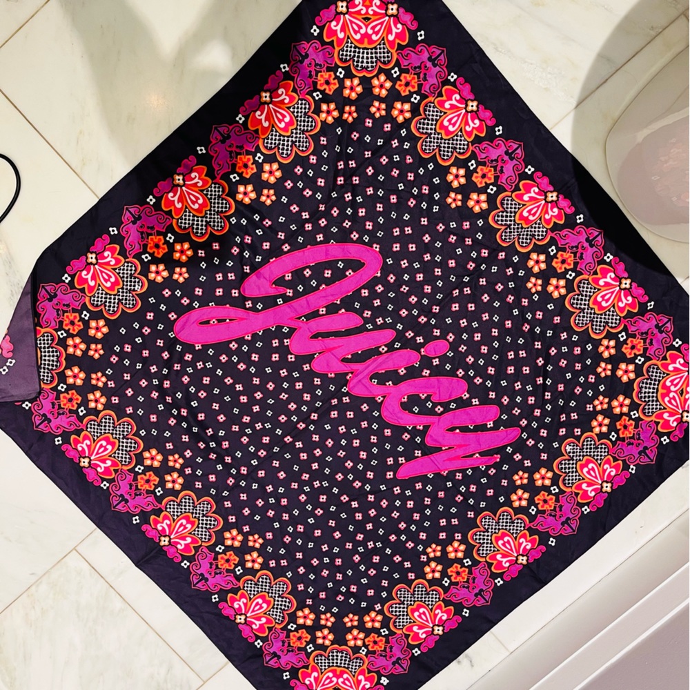 Juicy Couture Silk Purple, Fuchsia Large Square Scarf 35.5” x 35.5” Logo JUICY
